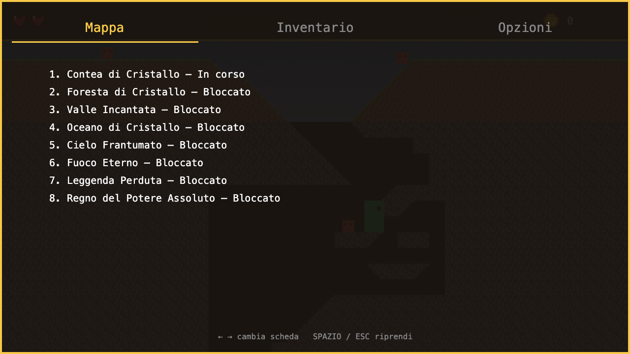 Il menu di pausa: tre schede (Mappa, Inventario, Opzioni) e un elenco di otto mondi, tutti bloccati tranne il primo