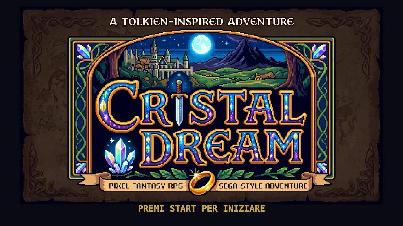 La prima schermata titolo: una pergamena illustrata con il titolo scritto "Cristal Dream" e la frase "A Tolkien-inspired adventure"