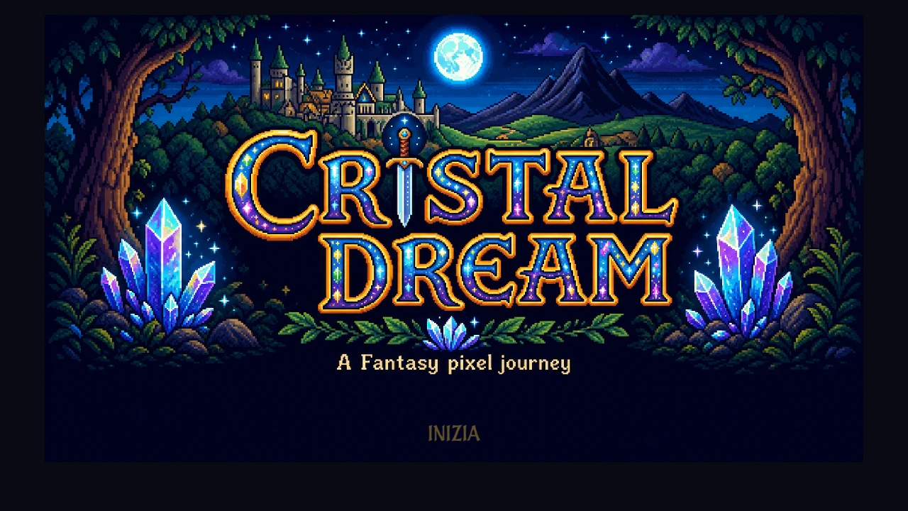 La schermata titolo ridisegnata: "Cristal Dream, a fantasy pixel journey", con cristalli e un castello sotto la luna piena