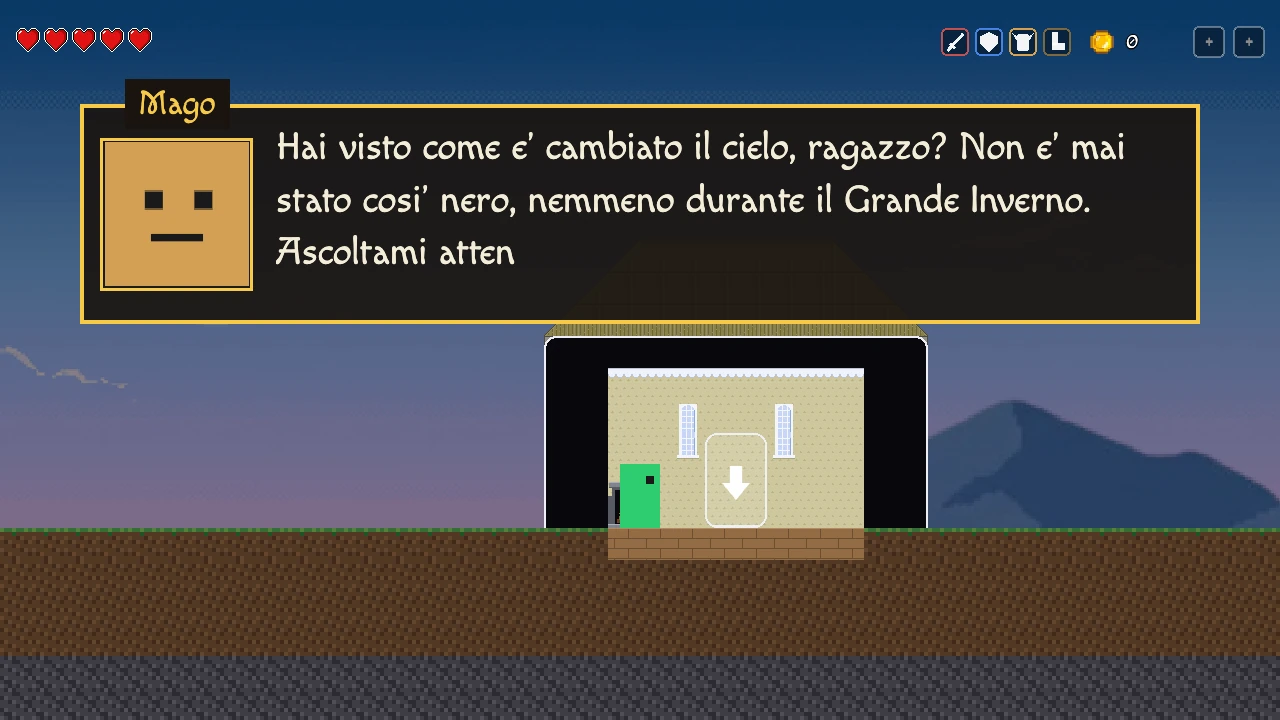 Un riquadro di dialogo con un ritratto segnaposto e la targhetta "Mago", sopra la capanna del Mago