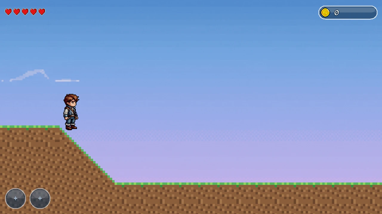 Ash, ora un ragazzo in pixel art con i capelli castani e la tunica blu, in piedi su una collina erbosa all'inizio del Reame 1.