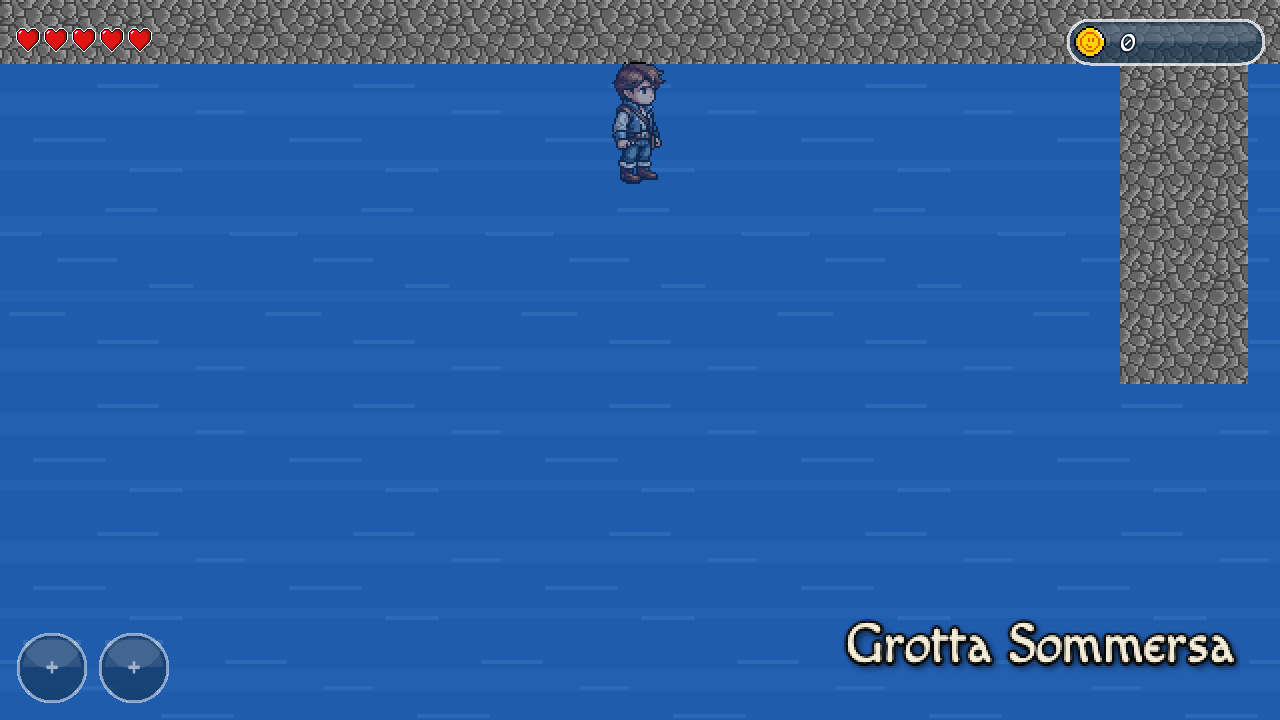 Ash che nuota in una grotta allagata blu profondo, con il nome dell'area "Grotta Sommersa" nell'angolo