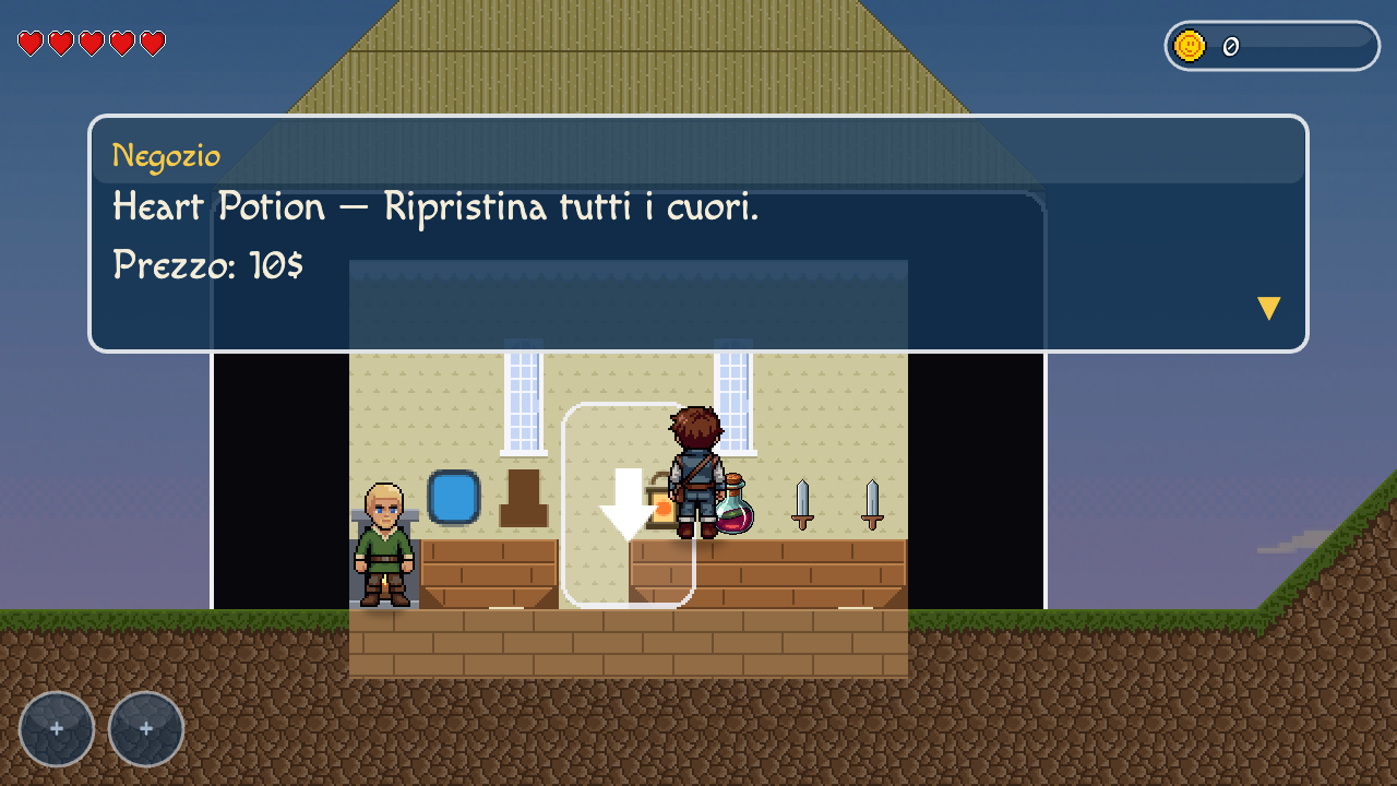 L'interno di un negozio con un riquadro di vetro in alto: "Heart Potion, ripristina tutti i cuori. Prezzo: 10$"