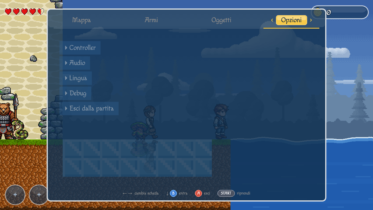 Il menu di pausa sulla scheda Opzioni: Controller, Audio, Lingua, Debug ed "Esci dalla partita"