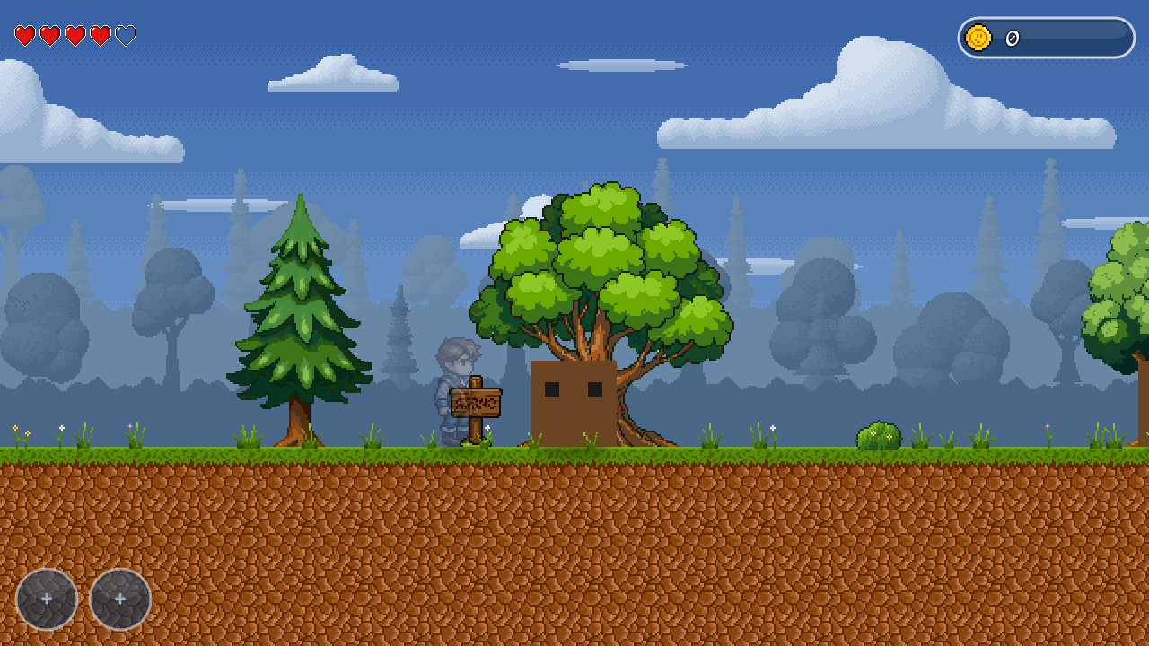 A meadow in Realm 1 with round trees, a fir and a big old tree, grass tufts and Ash walking past a signpost.