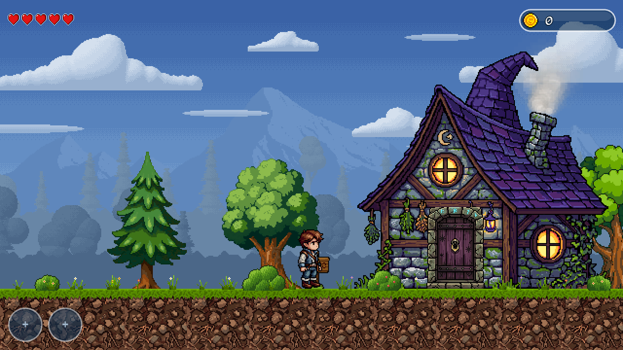 The Wizard's hut: a stone cottage with a crooked purple roof topped by a wizard-hat spire, a smoking chimney and glowing round windows, among trees.