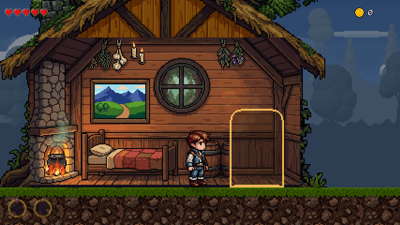 Ash inside his attic bedroom: a stone fireplace with a fire, a bed with a red patchwork blanket, a painting of green hills and a round window.