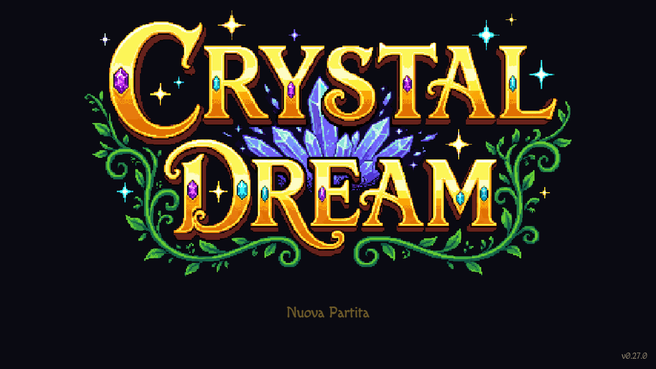La nuova schermata titolo: il logo dorato di Crystal Dream con cristalli viola e rampicanti verdi su fondo scuro