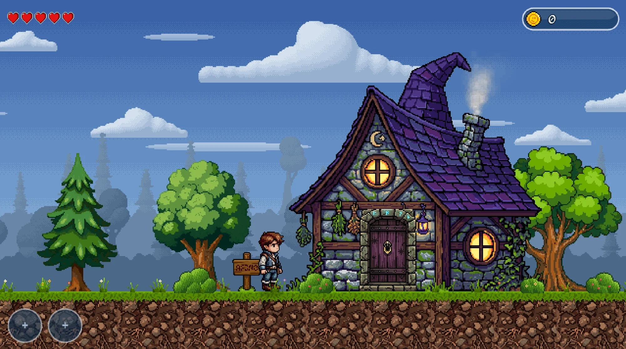 The game today: Ash on a meadow in front of the wizard's house, whose purple roof is pointed like a hat, among trees and clouds; hearts at the top left, coins at the top right and two item slots at the bottom.